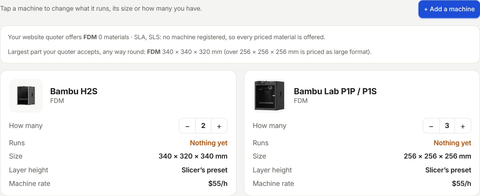 Shop setup, Machines tab, with a printer added and the Add a machine button.