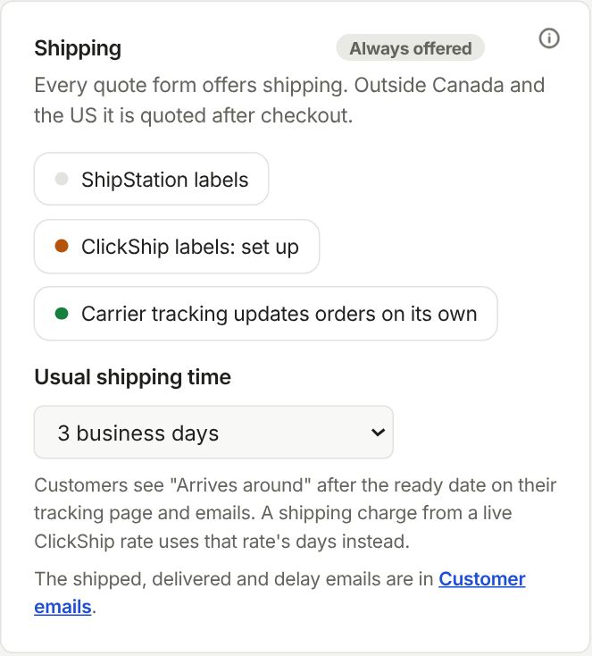 The Shipping card in Settings, Pickup & delivery, with Usual shipping time.