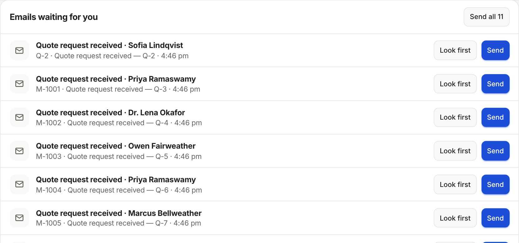 Emails waiting for you on Home: a row per email with Look first and Send, and Send all.