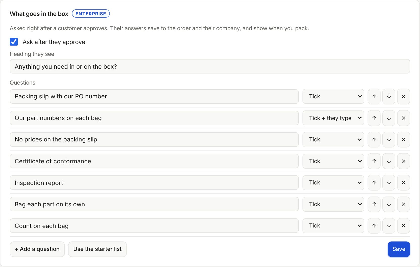 The What goes in the box card: Ask after they approve, the heading and the questions.
