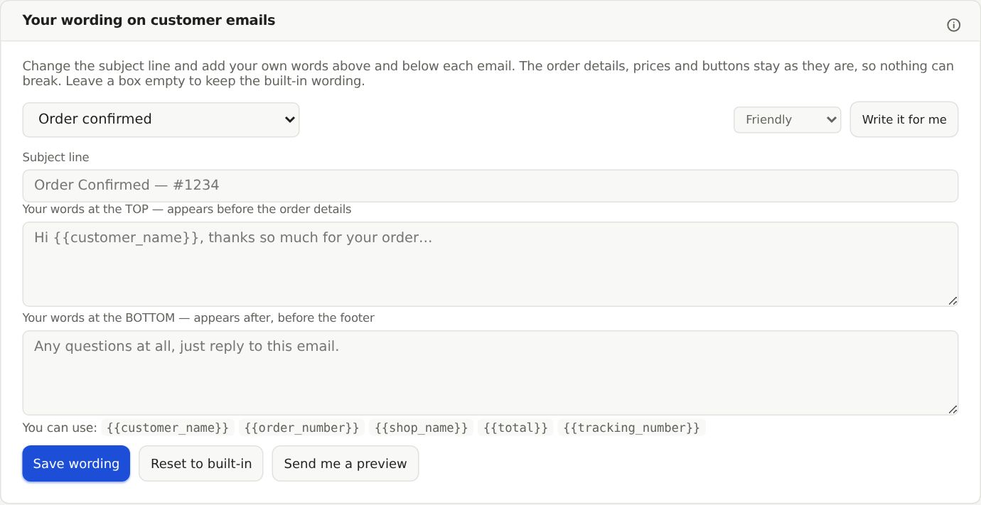 The Your wording on customer emails card: pick an email, its subject line, and your words above and below.