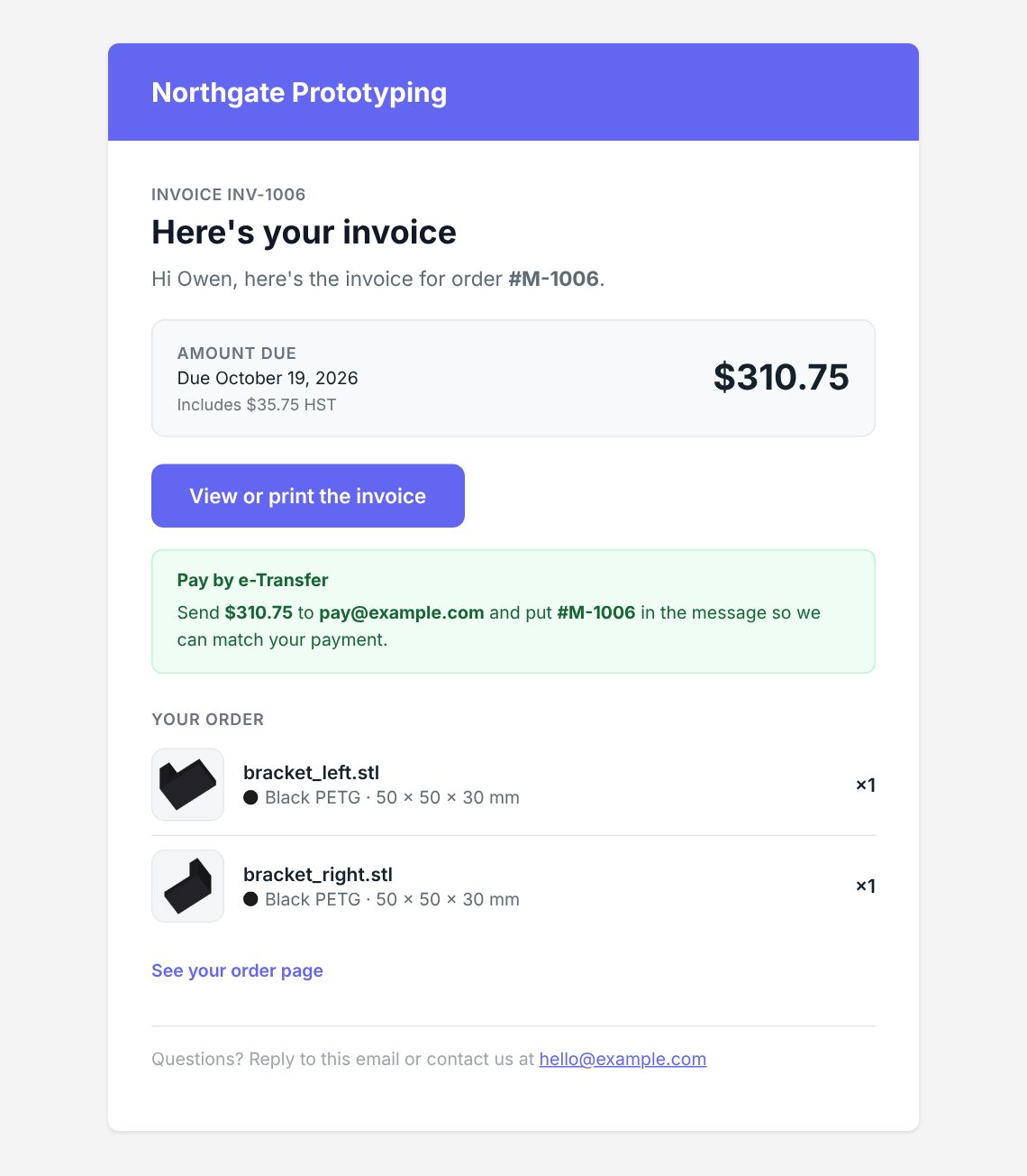 The invoice email: amount due, due date, View or print the invoice and the e-Transfer box.
