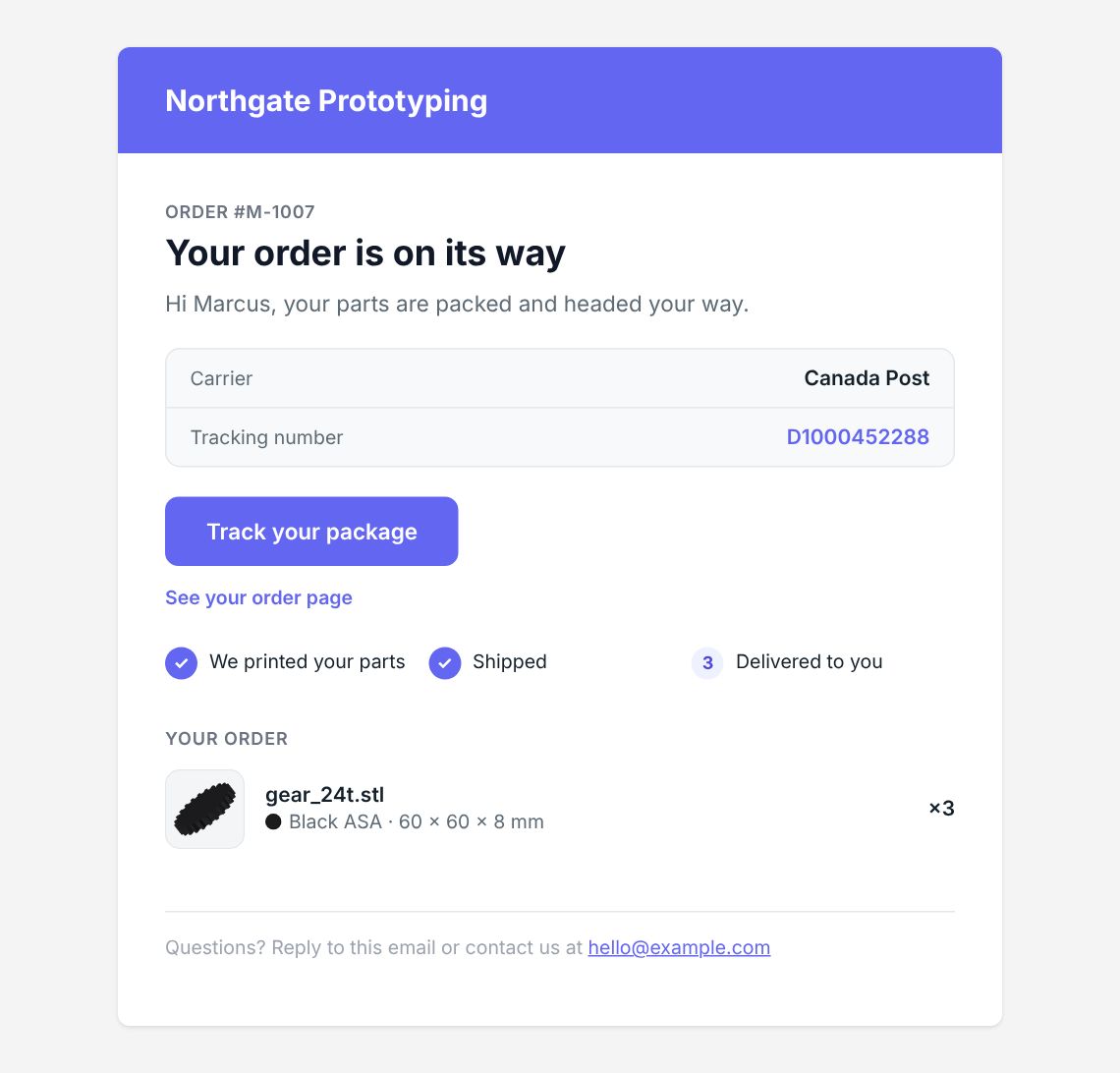 The shipped email: carrier, tracking number, estimated delivery and Track your package.