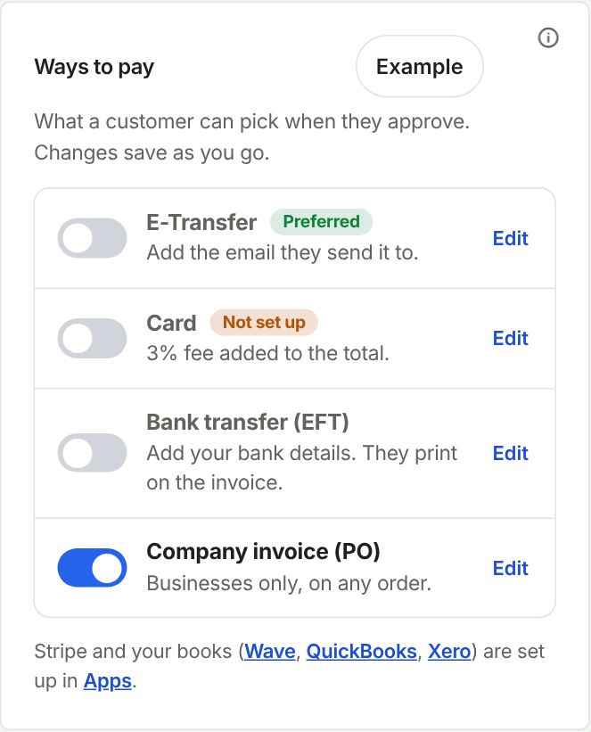 The Ways to pay card in Settings, Getting paid, with E-Transfer, Card, Bank transfer and Company invoice.