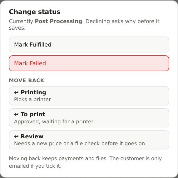 The Change status box, with the Move back choices at the bottom
