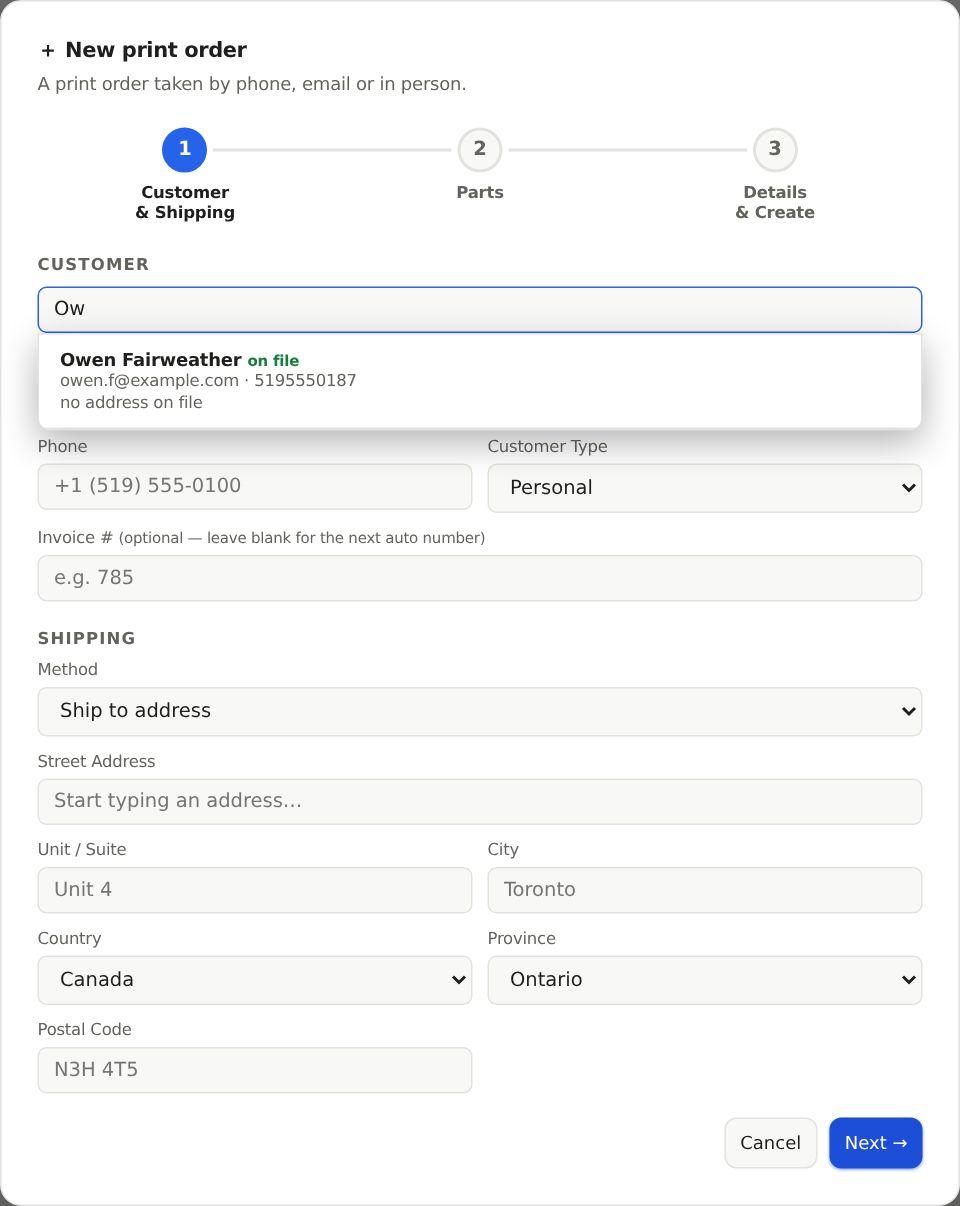 The New print order form on step 1, with the customer search box and the three step markers