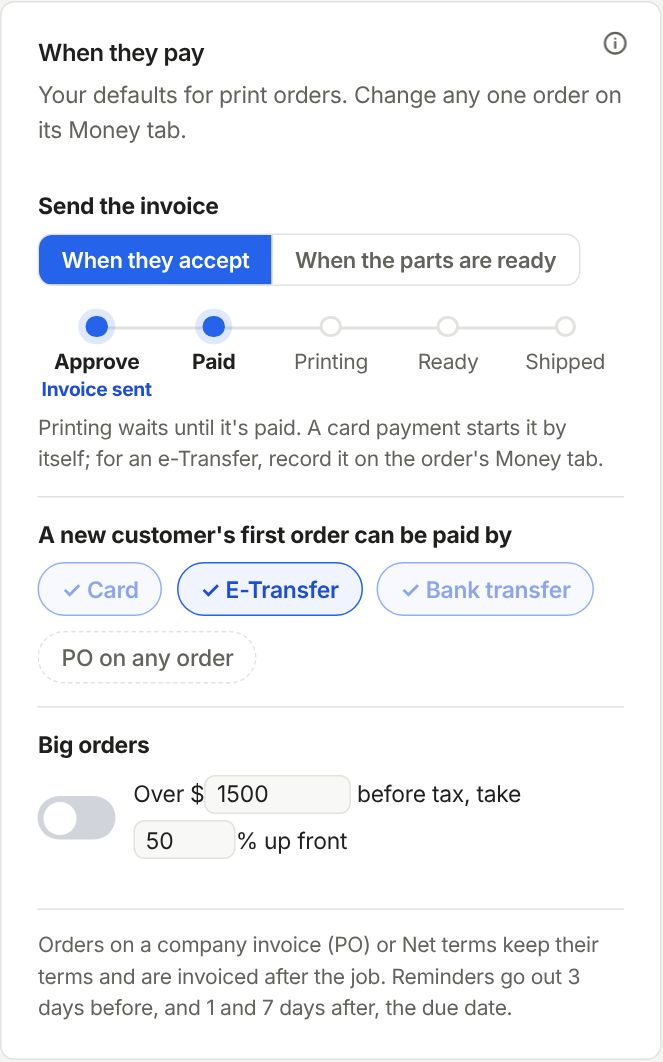 The When they pay card in Settings, Getting paid, with Send the invoice set to When they accept.