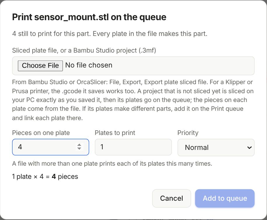 The Add to print queue window for a part: the file, pieces on one plate, plates to print and priority.