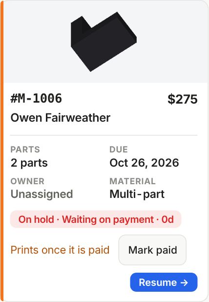 A Make board card on hold with the line Prints once it is paid and a Mark paid button.