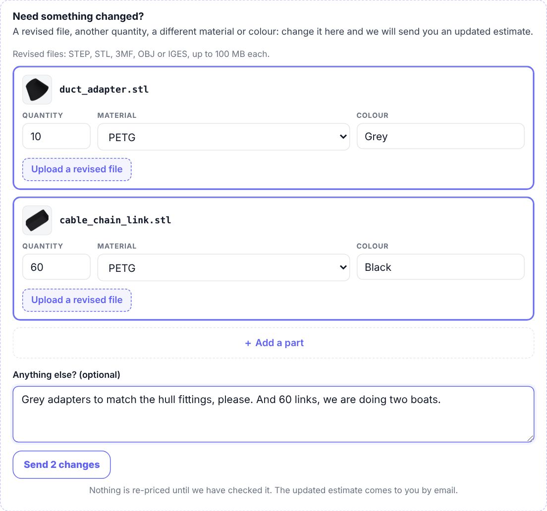 The change form on the quote page: each part with its quantity, material and colour, Upload a revised file, Add a part and a note.