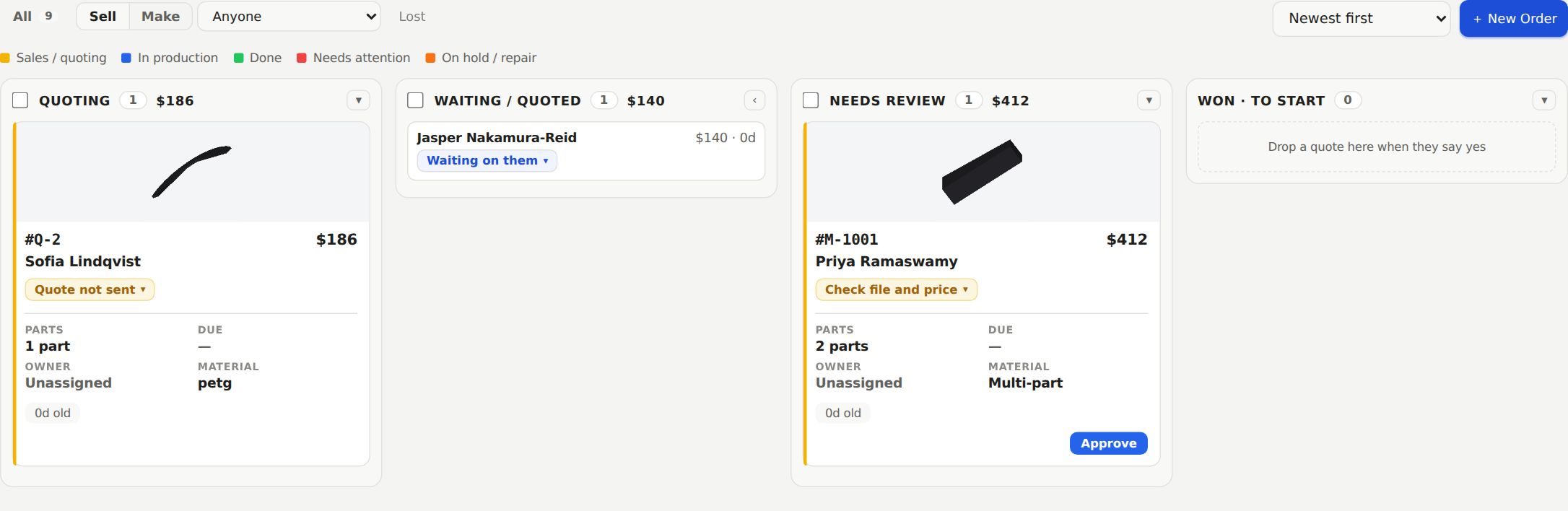 The Sell board with Quoting, Waiting / Quoted, Needs review and Won · to start columns.