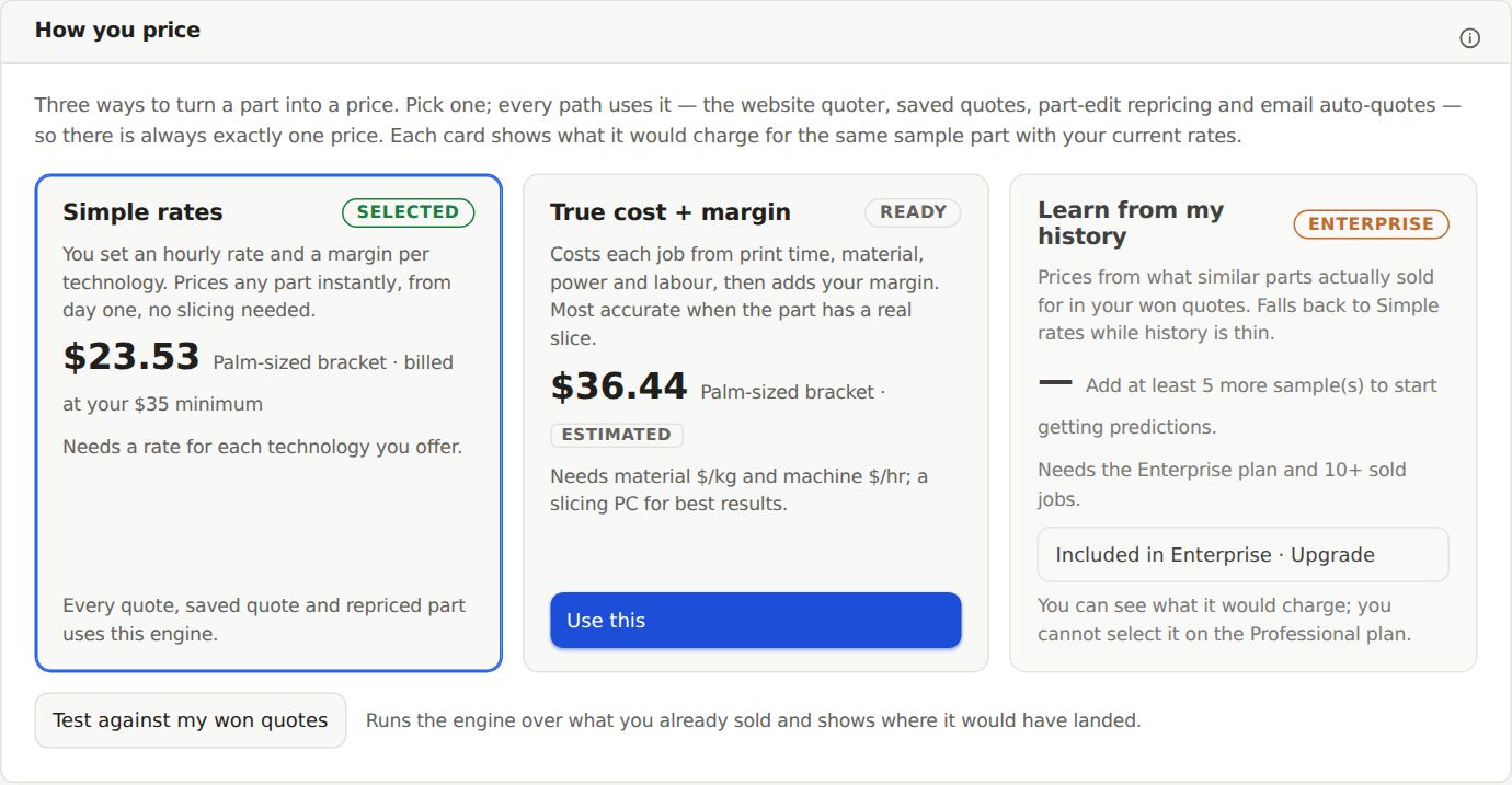 The How you price card with three engine cards, each showing a sample price.