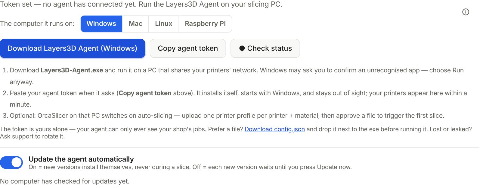 The Agent and computer card in Shop setup, Slicing, with the download button and the agent token.