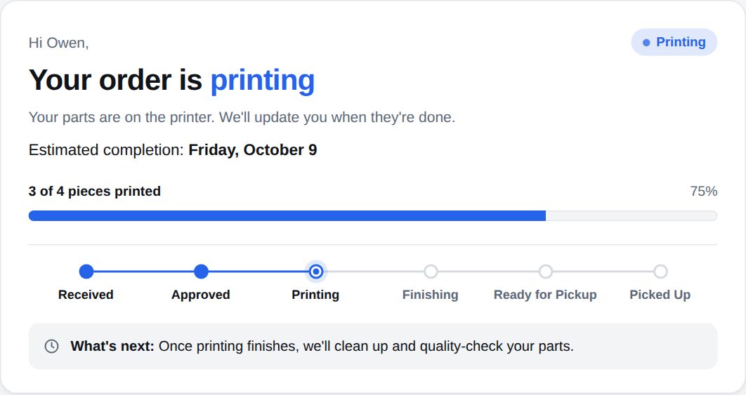 The top of a customer track page: the status and the row of steps.
