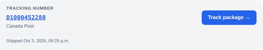 The tracking number on a customer track page, with the carrier, the tracking number and a Track package button.