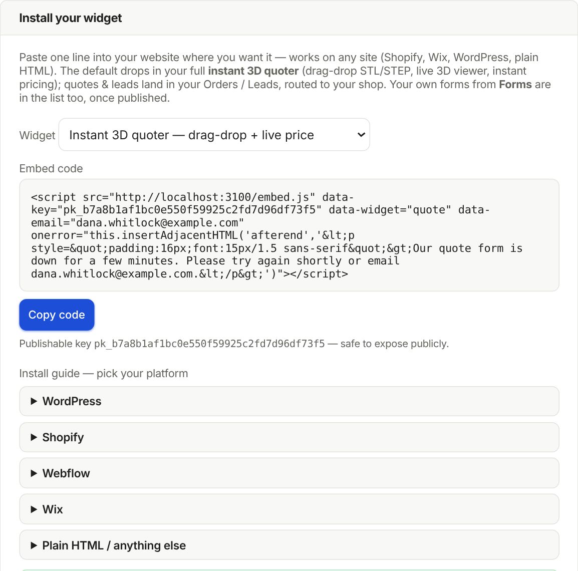The Install your widget card with the embed code and Copy code.