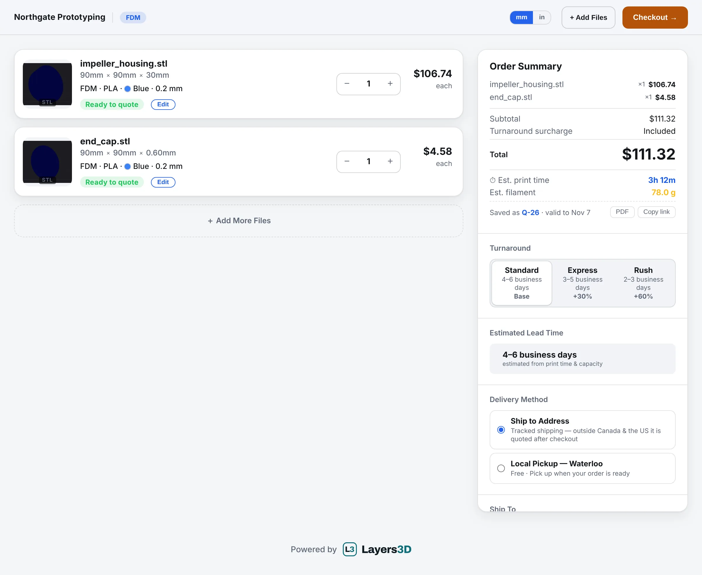 The full customer quote page from the header to the shipping address form, including both configured parts, the order summary, turnaround, lead time, delivery method and the contact details.