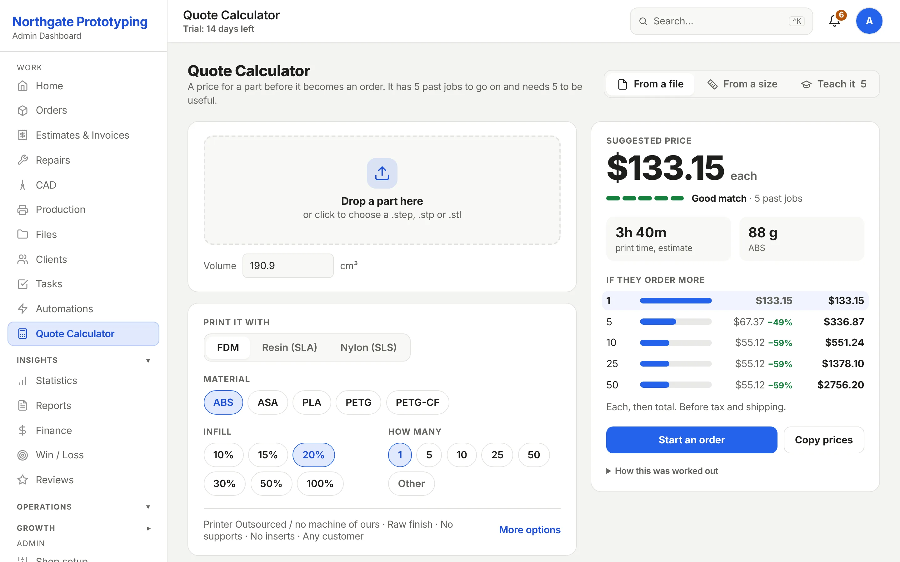 The internal quote calculator: technology, printer, material, volume, infill, finish, quantity tiers, and the estimated material weight and print time.