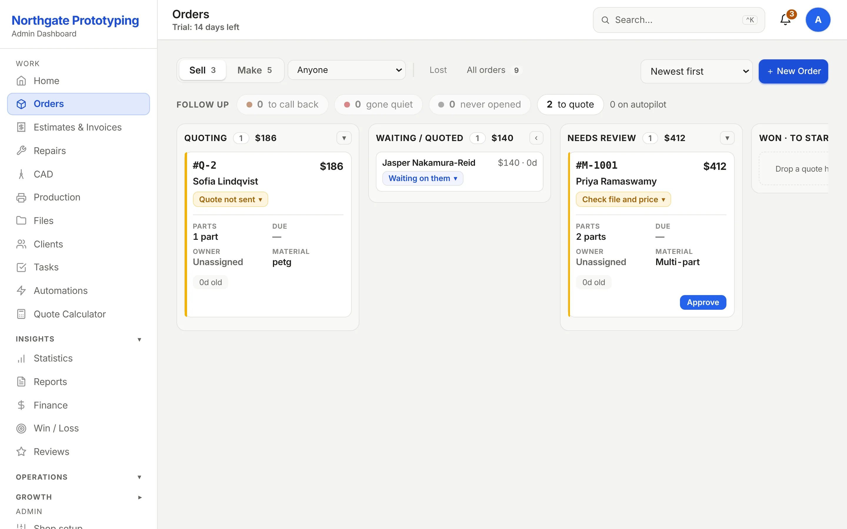 The Sell board: Quoting, Waiting/Quoted, Needs review and Won columns with counts and dollar totals, a card waiting for the customer to send a file with its wake-up date, and Approve buttons on two quotes with part thumbnails.