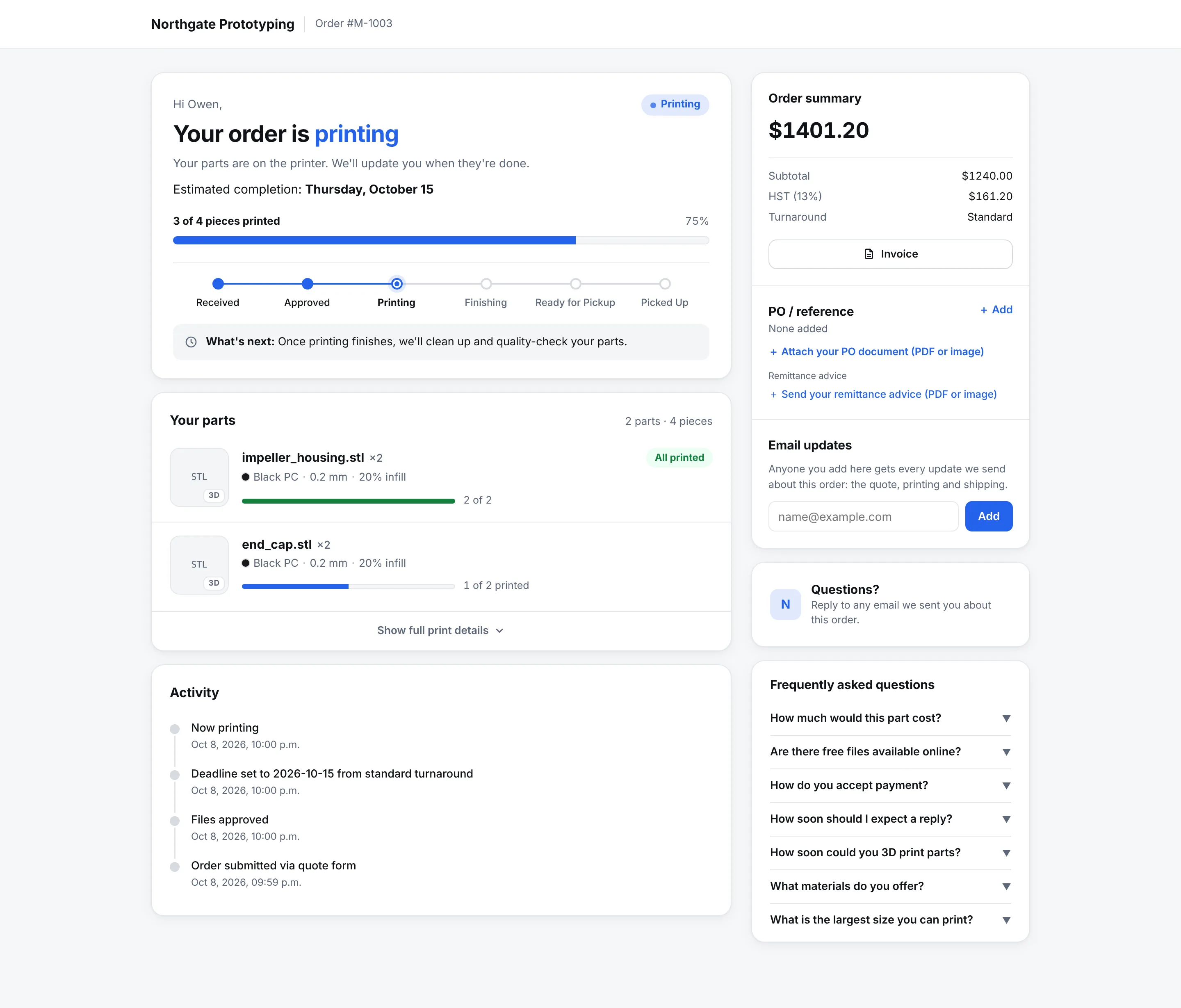 The full customer tracking page from the branded header to the footer, including the status bar, both part cards with their progress bars, the pickup details and the contact section.