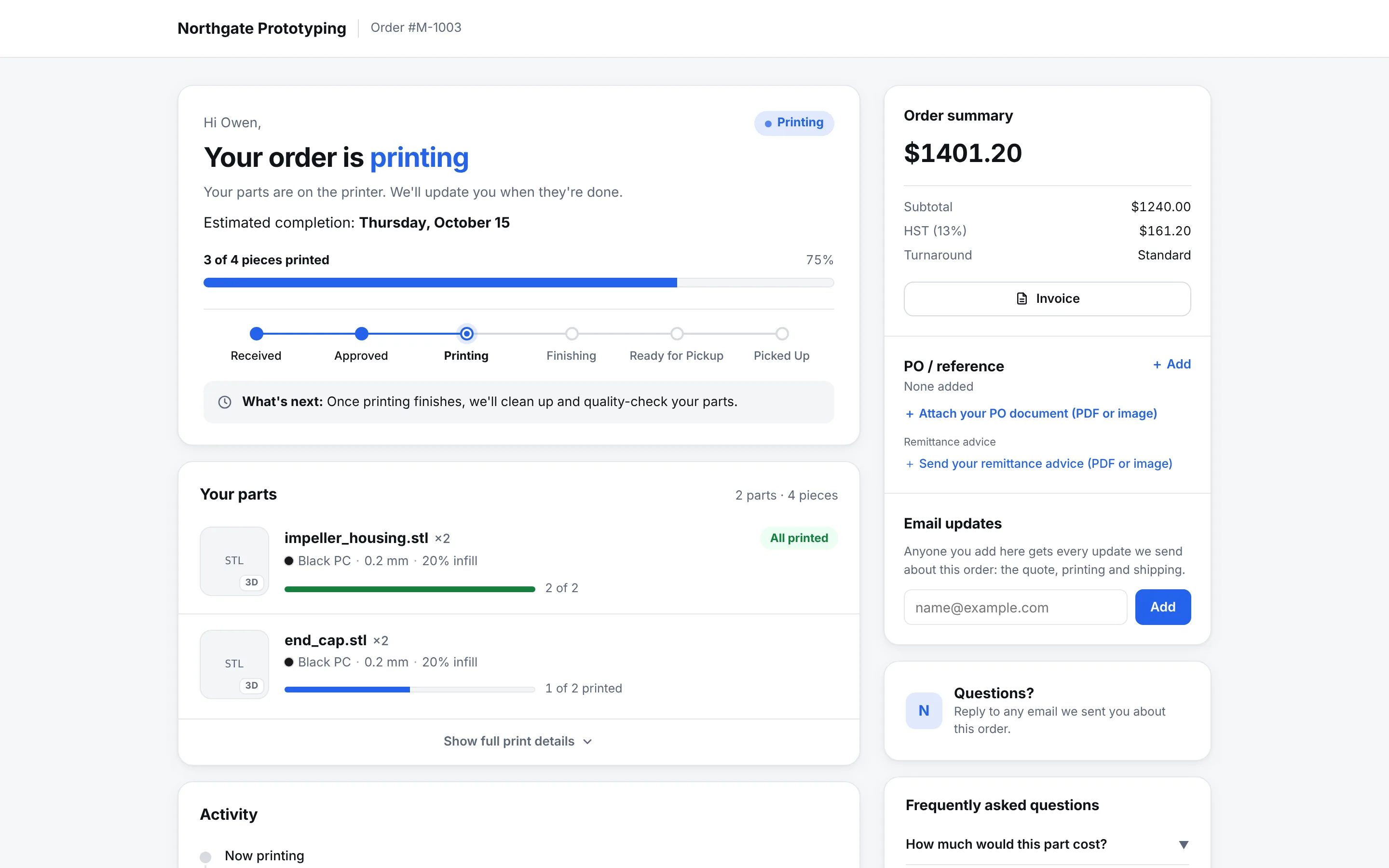 The customer tracking page for order M-1003, branded Northgate Prototyping: Email Receipt, Receipt and HST Invoice buttons, a how-it-works strip, a six-step status bar at Printing with the estimated completion date, and a part card with process, material, colour, layer height, infill, size, tolerance and a 2 of 2 printed progress bar.