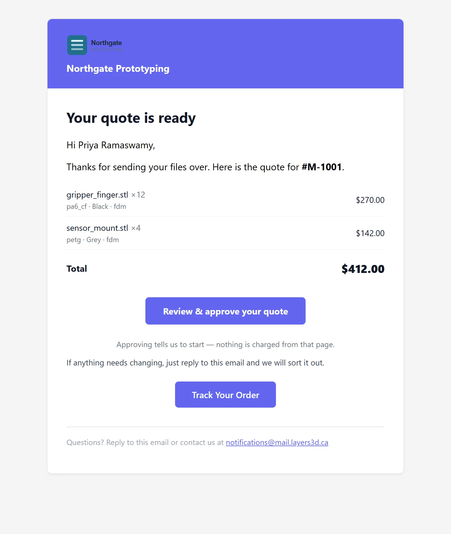 The quote email a customer receives: the shop's logo and name in the header, the parts with quantities and prices, the total, a Review and approve your quote button and a Track Your Order button.
