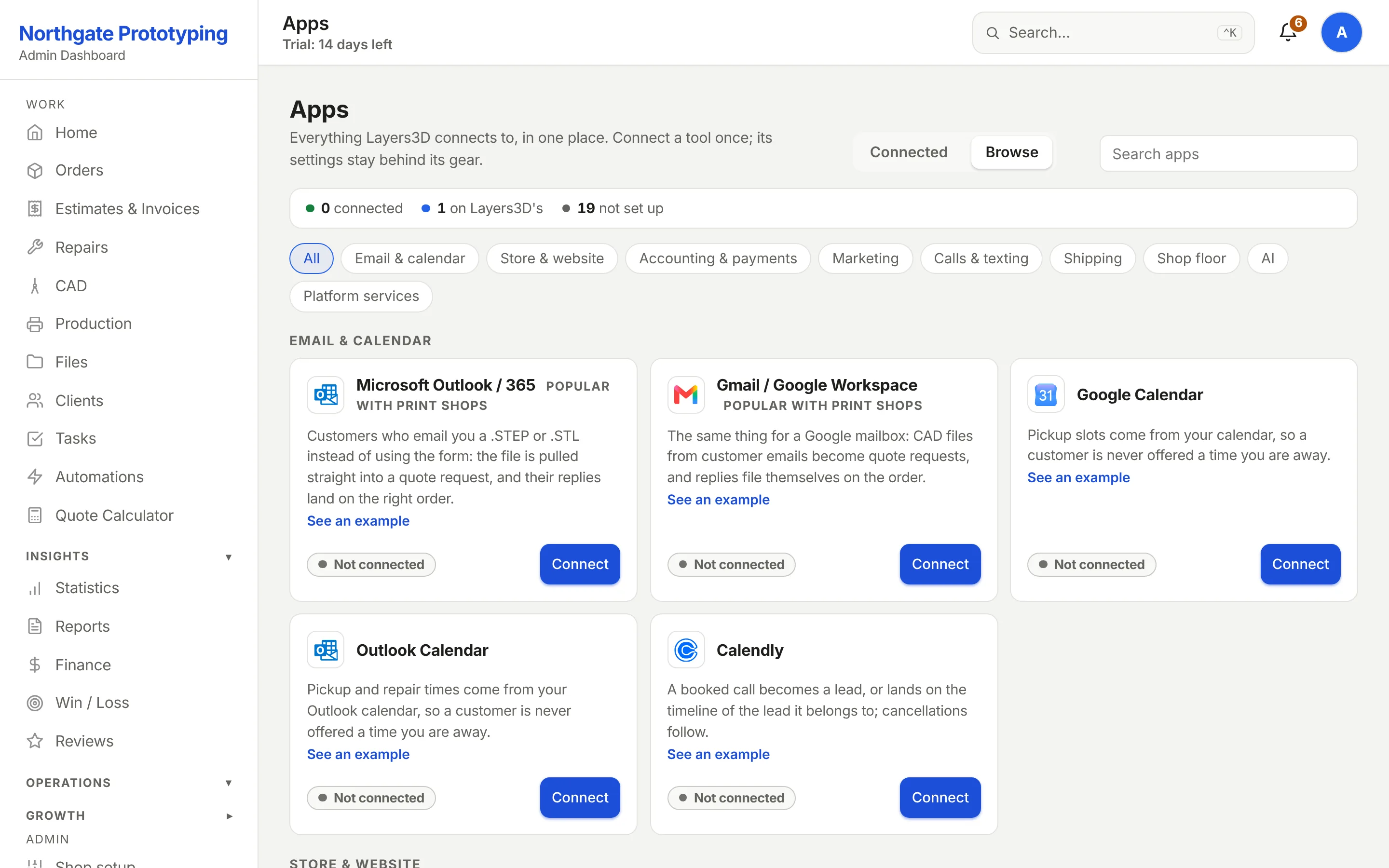 The Apps page in the admin: every app Layers3D connects to, sorted into email and calendar, store, accounting and payments, marketing, calls and texting, shipping, shop floor and AI, each card saying what it does and whether it is connected.