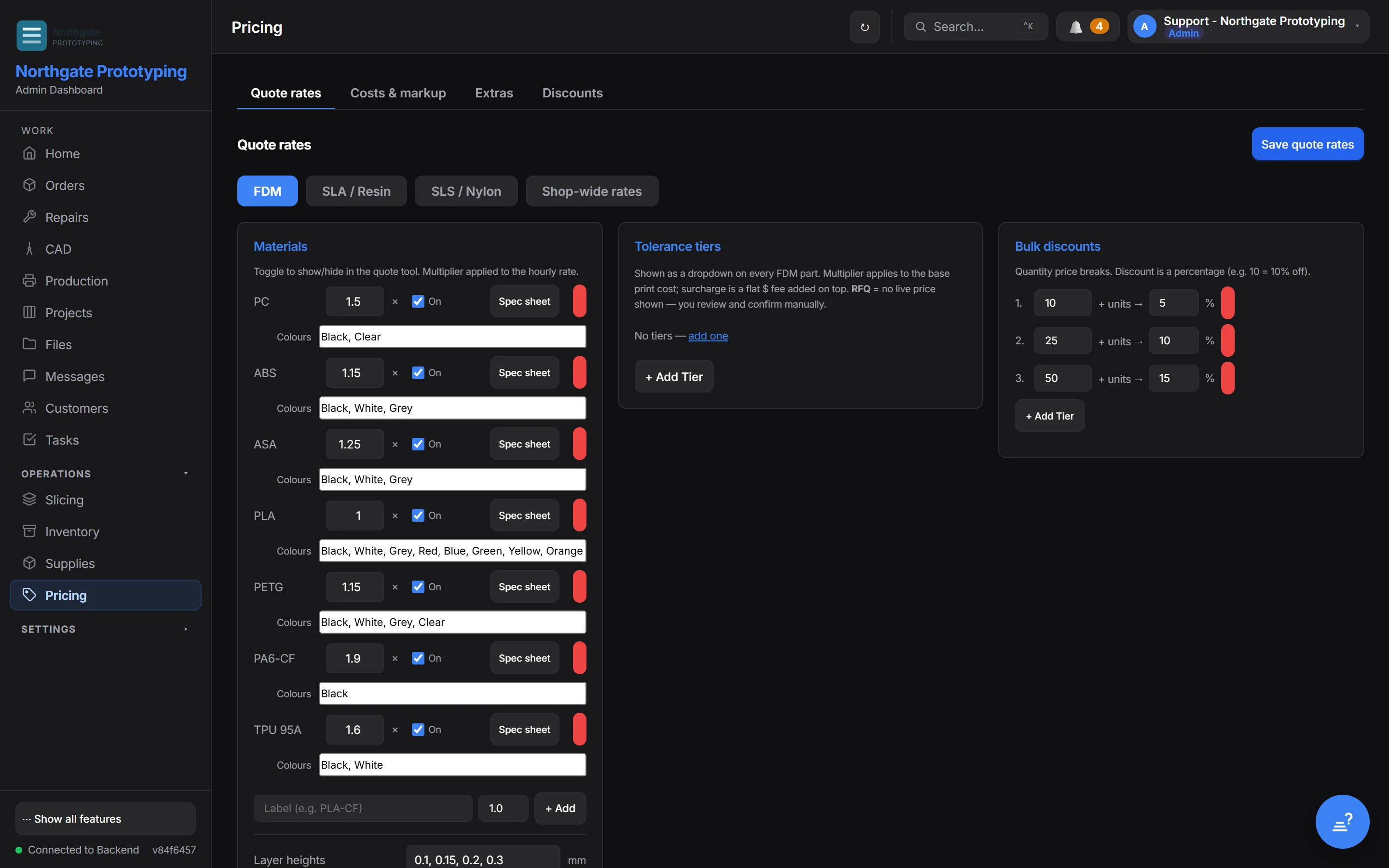 The Quote rates page: tabs for Quote rates, Costs and markup, Extras and Discounts; per-technology sections for FDM, SLA and SLS with shop-wide rates and a materials table with a visibility toggle and a rate multiplier per material.