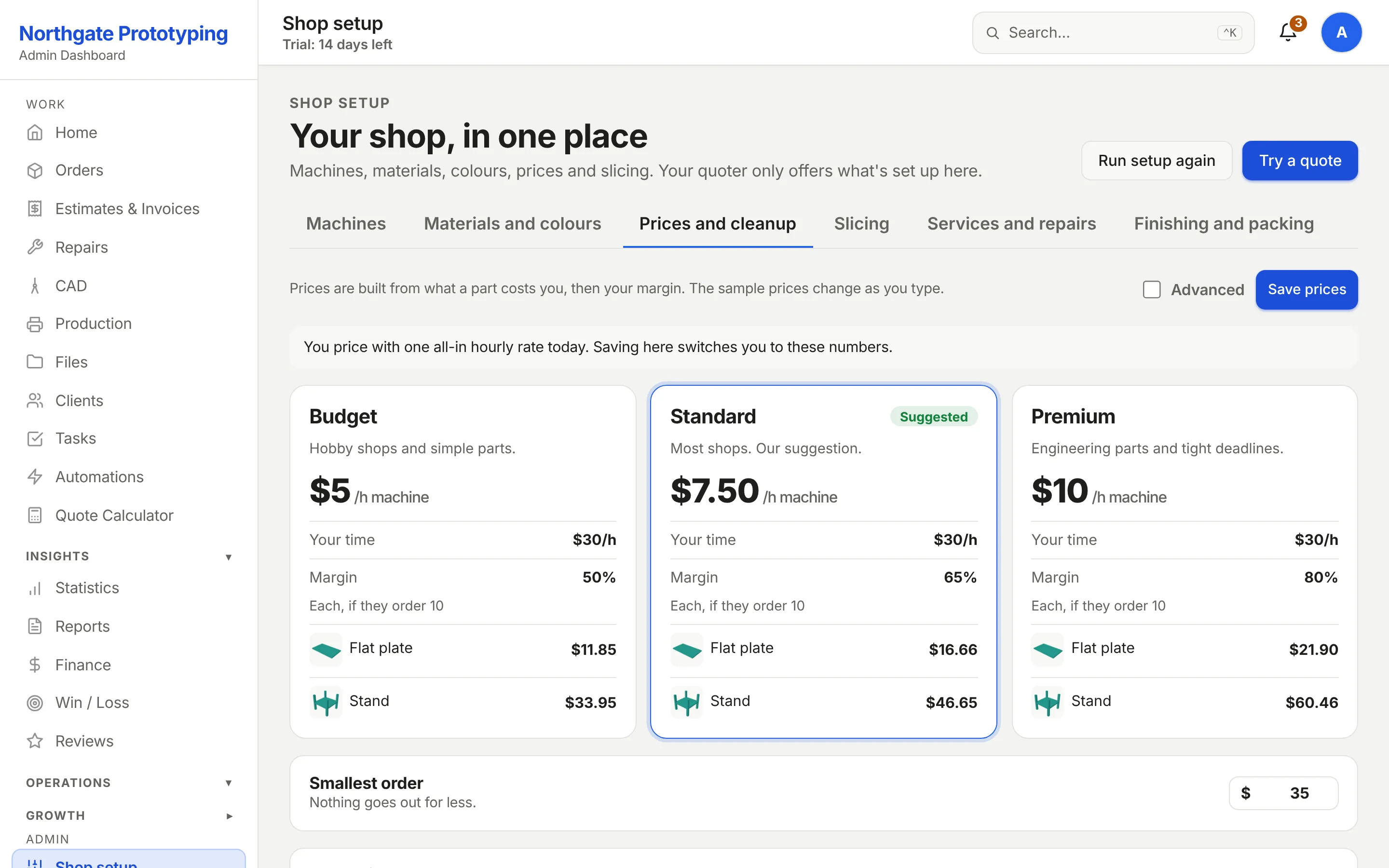 The Costs and markup page: a live example showing material, machine and labour, total cost and the price at 65% markup, above per-roll material costs and machine, electricity, overhead and labour rates.