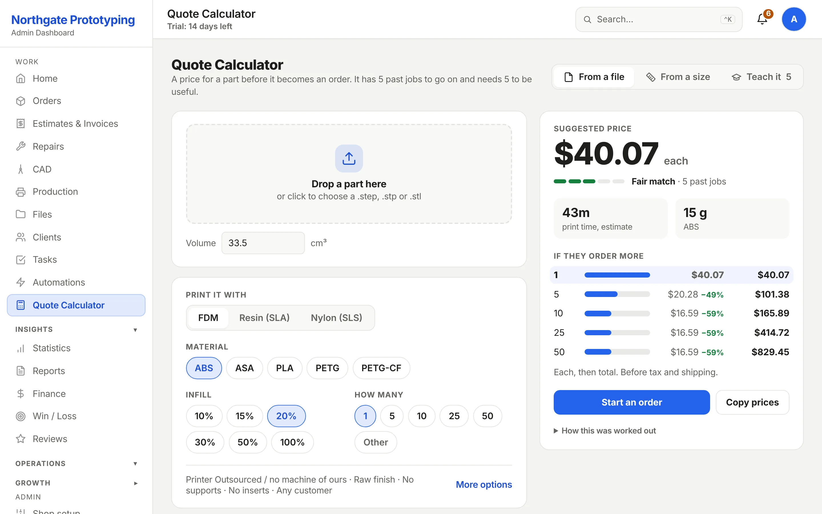 The Quote Calculator with a Model ready banner reporting six training samples across four materials, a part configured as FDM ASA on a P1S, and a material and print-time estimate.