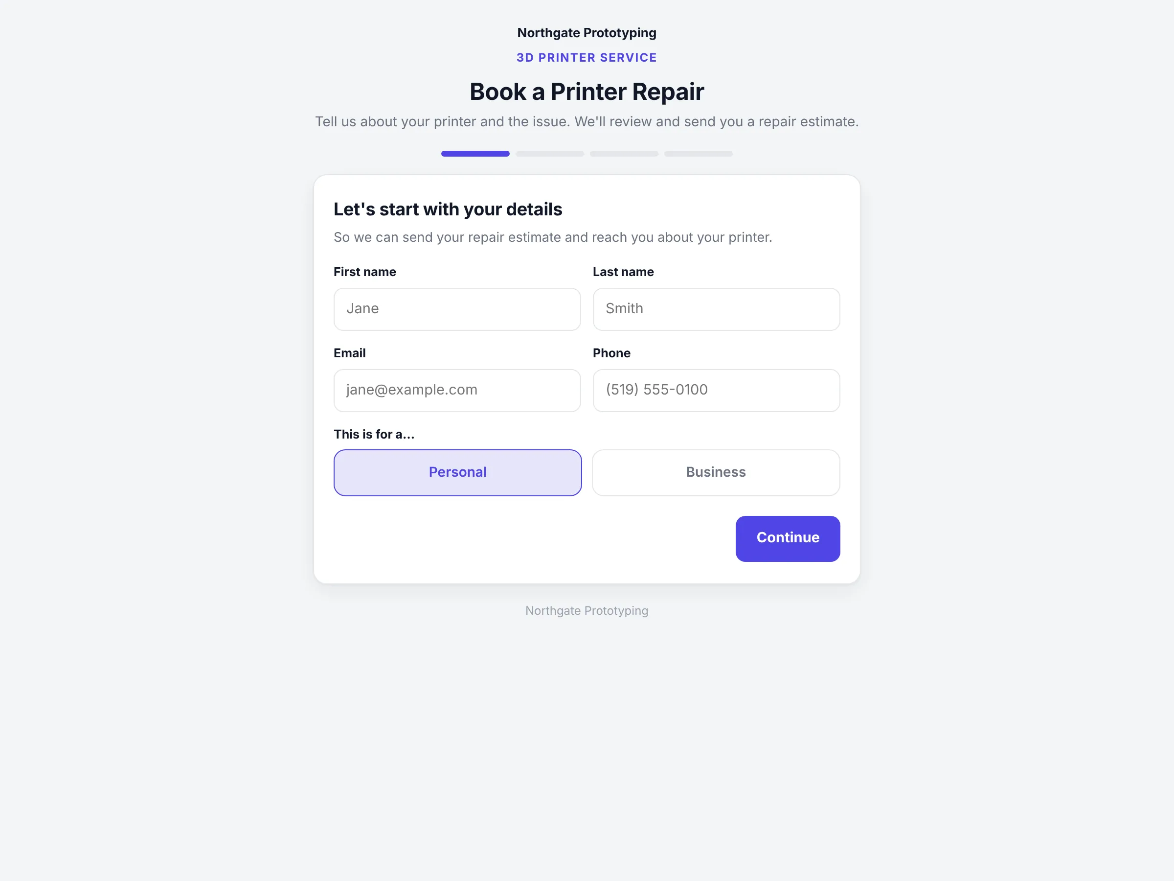The branded Book a Printer Repair page with a four-step progress bar and the contact details step.