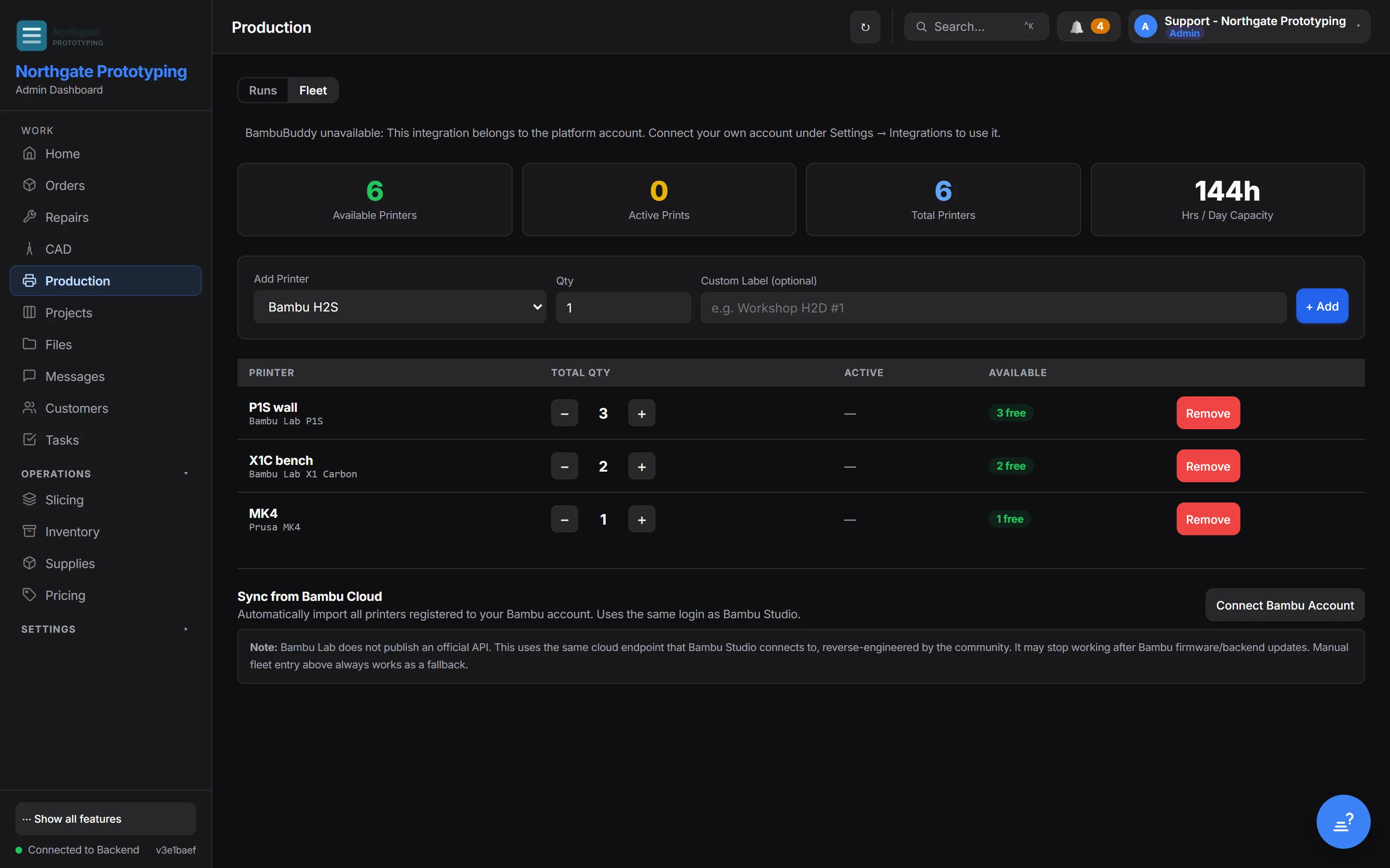 The Production page's Fleet tab: tiles for available printers, active prints, total printers and hours per day of capacity, a form to add a printer by model, quantity and label, the registered fleet, and a Sync from Bambu Cloud option.