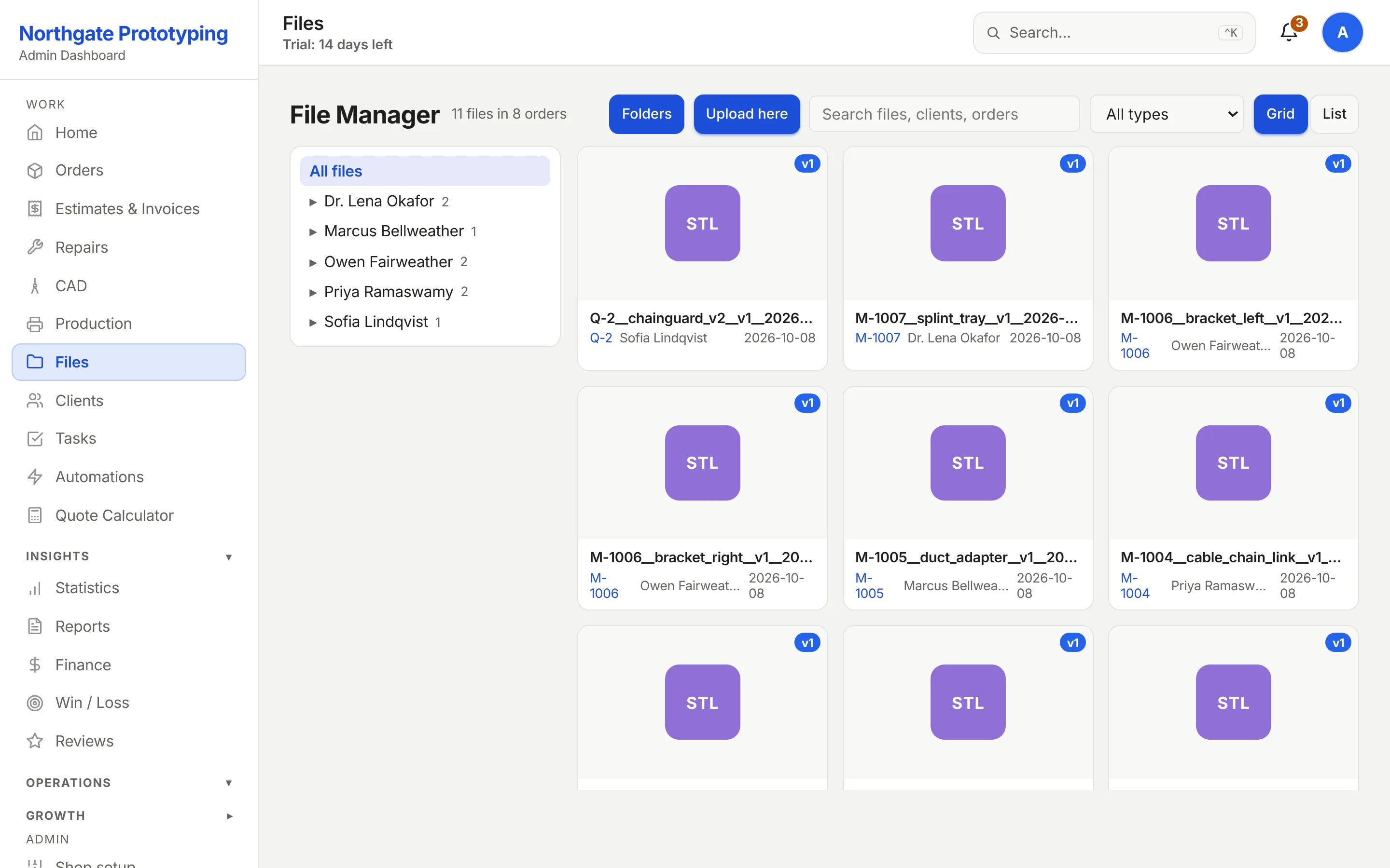 The File Manager showing a thumbnail grid of rendered parts with a folder tree by customer.