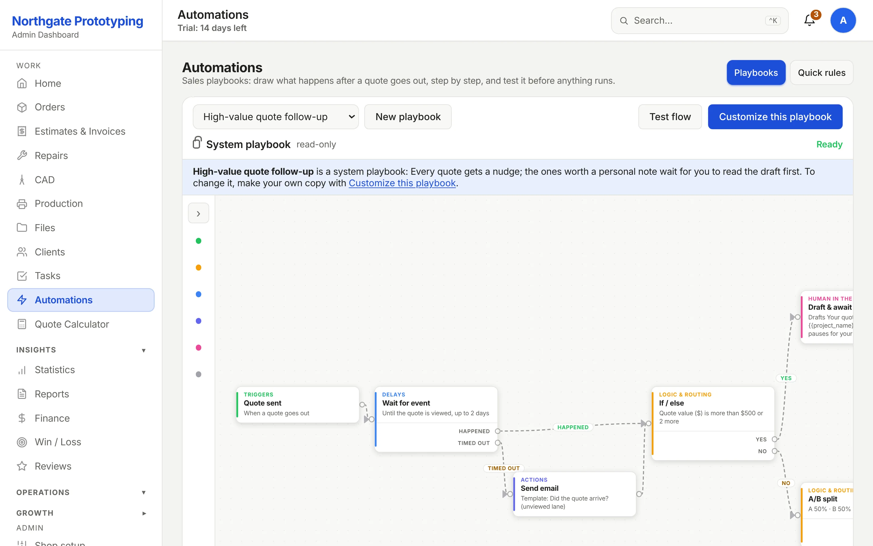 The Email Sequences page showing a three-step sequence with its step count, enrolment field and on-off toggle.