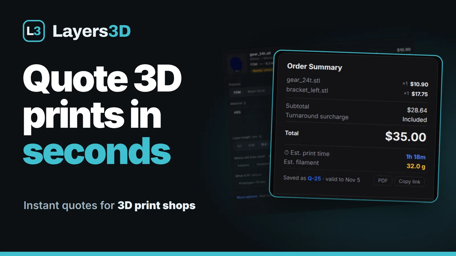 Layers3D demo video: a customer's file goes in, a real price comes back in seconds, and the job runs through the print shop.