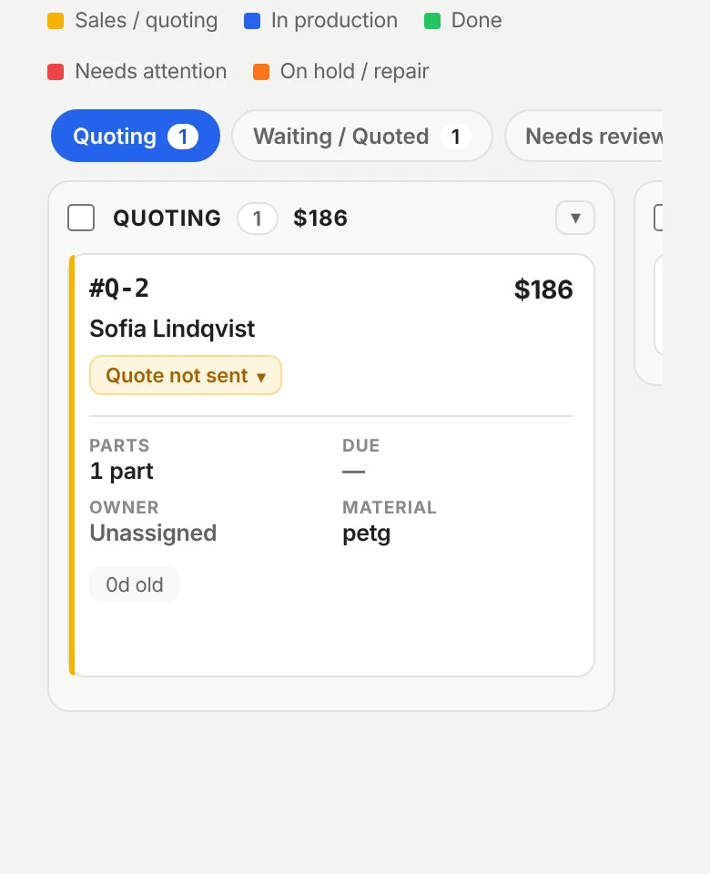 The order board with jobs grouped by quoting, in production and done