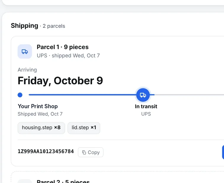 A tracking page with an order shipped in two parcels and the arrival date