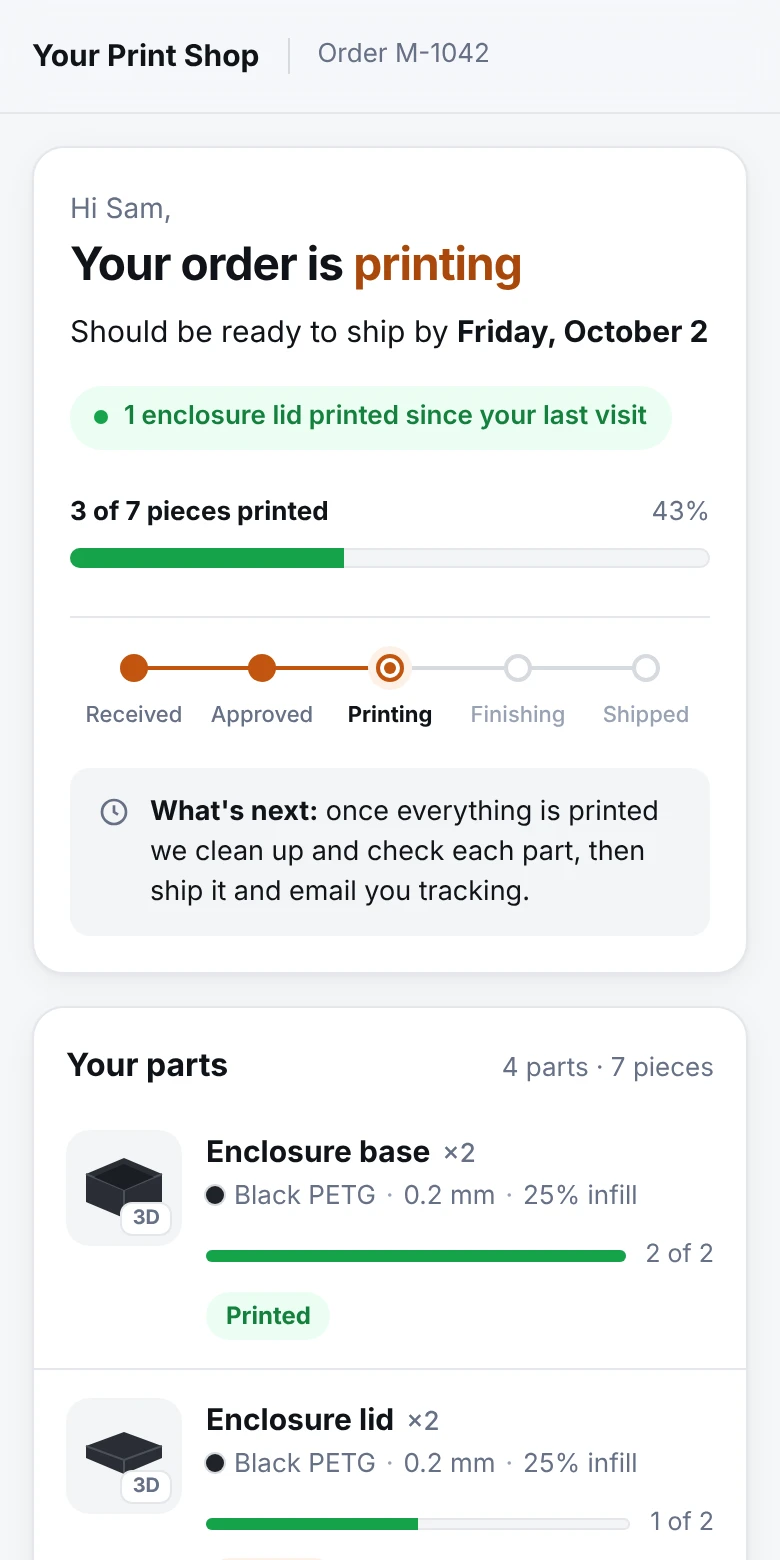 The customer's tracking page showing three of seven pieces printed