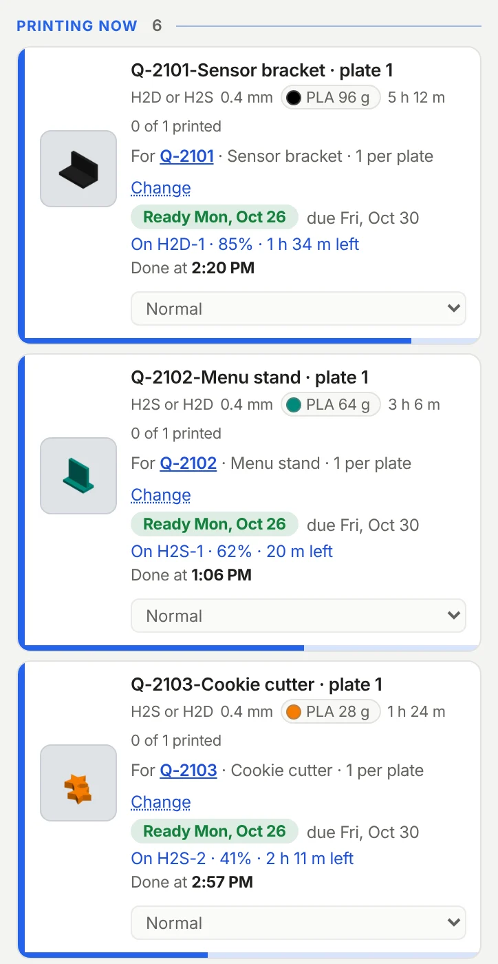 The Print queue on a phone: plates printing on H2D-1, H2S-1 and H2S-2 with progress and time left.