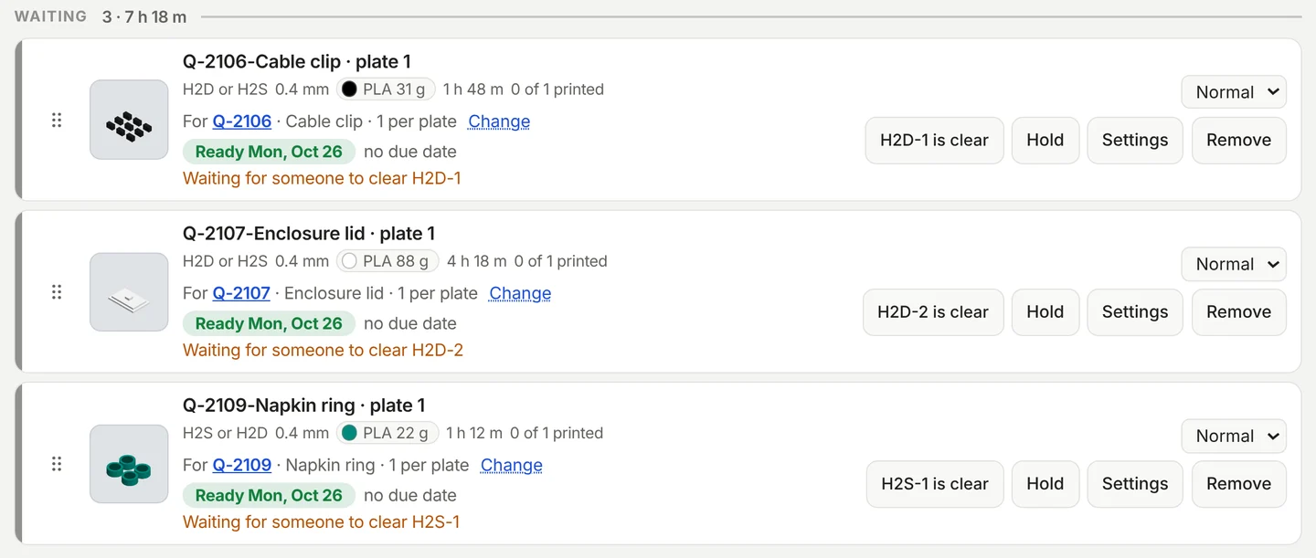 Three plates under Waiting. Each says it is waiting for someone to clear a named printer, with a button to say that printer's plate is clear.