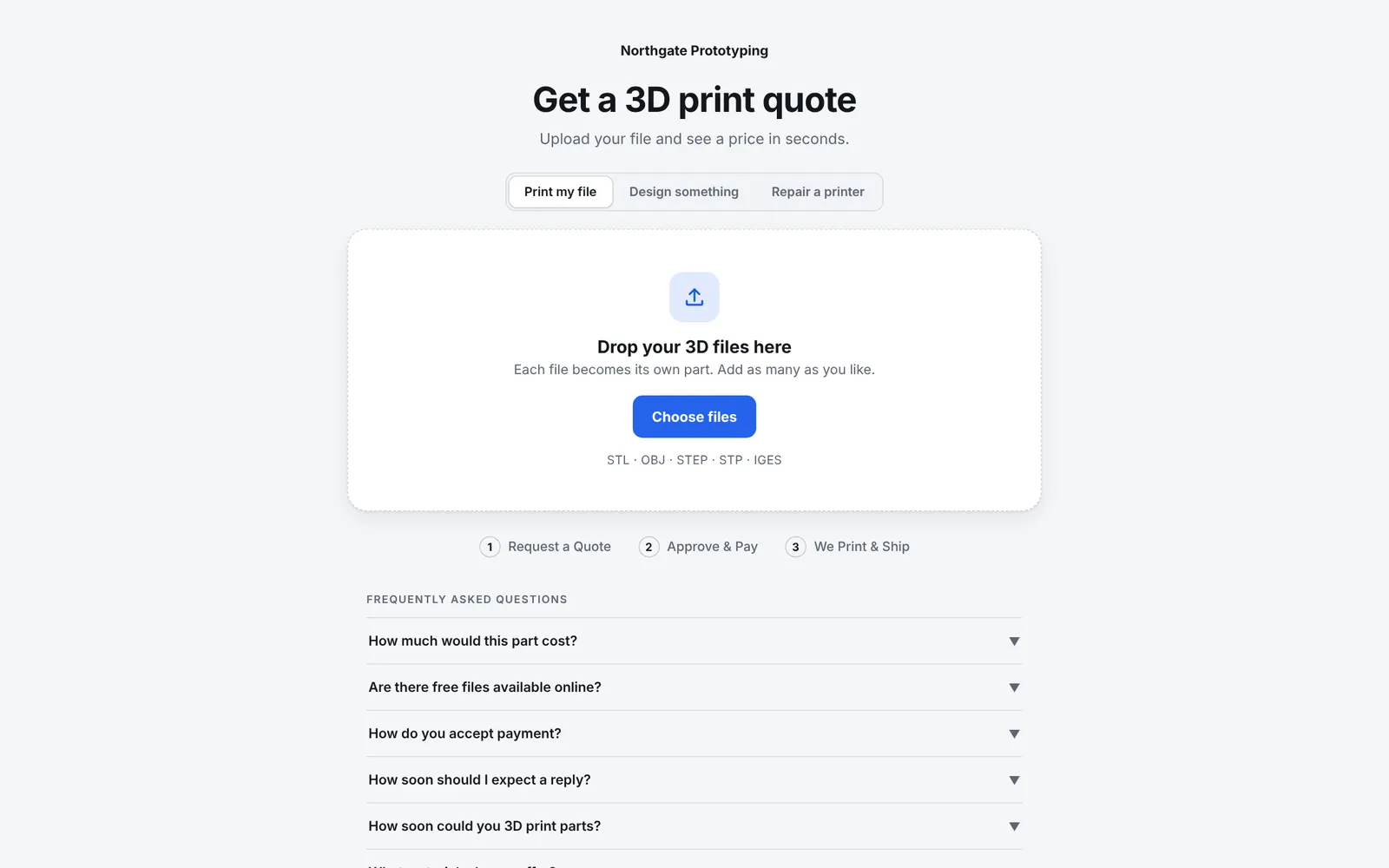 The quote page of the demo shop Northgate Prototyping, waiting for a file: a large drop zone for STL, STEP or OBJ files.