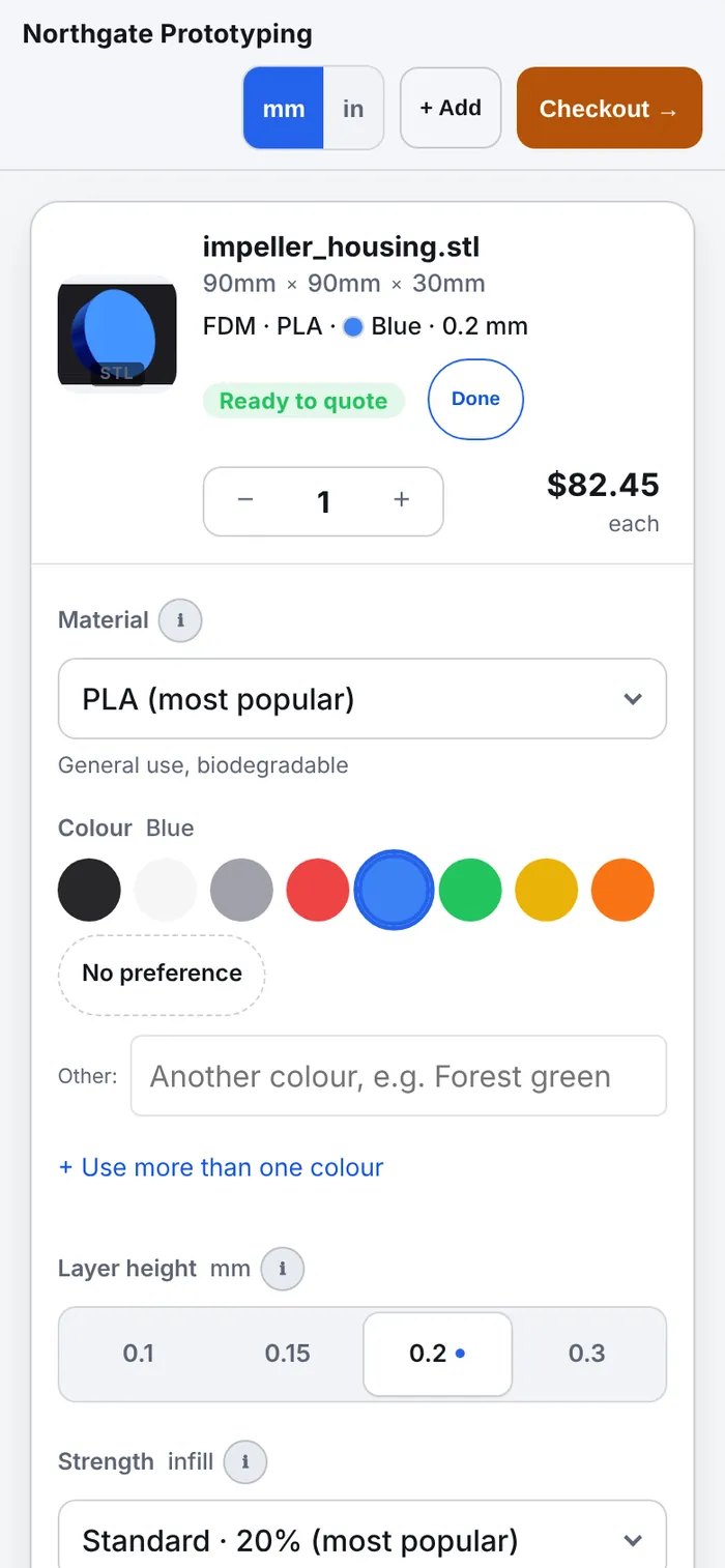 The same instant price on a phone: the part card with material, colour and quantity, and the order total underneath.