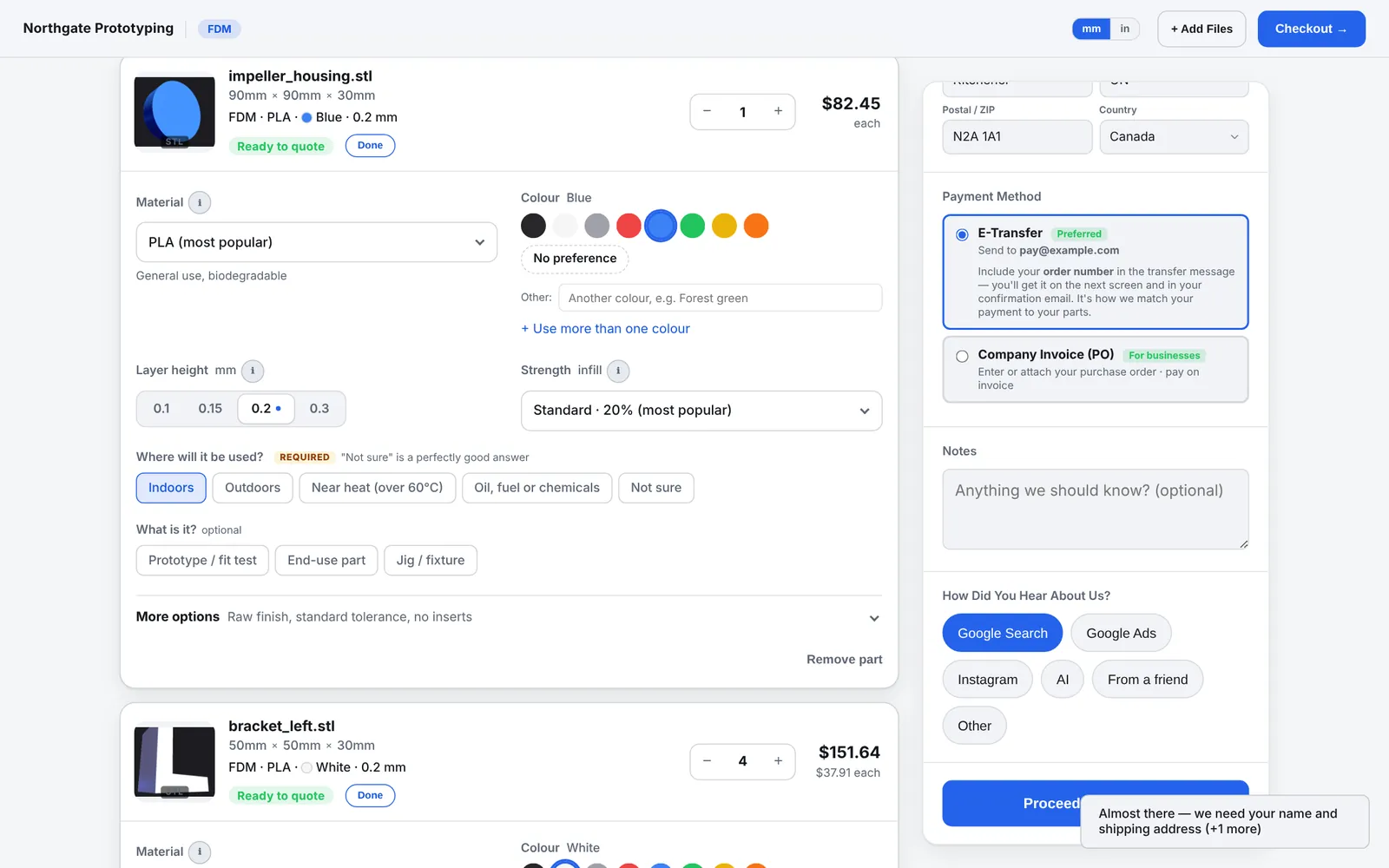 Checkout on the quote page: the shipping address in Kitchener, Ontario, how the customer heard about the shop, and the Place order button.