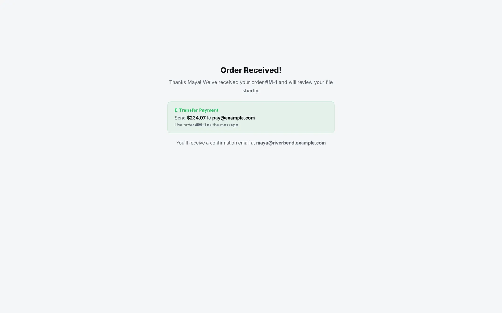 The confirmation screen after checkout with the new order number M-1008 and what happens next.