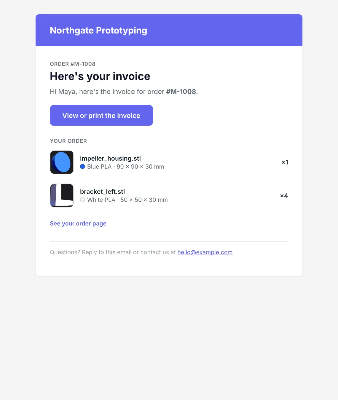 The invoice email the customer receives from Northgate Prototyping, with the amount due, how to pay and a link to the invoice.