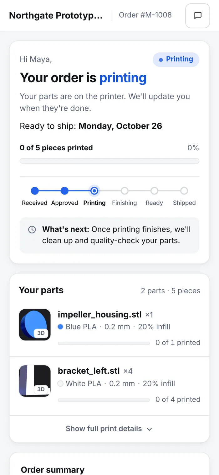 The same track page on a phone, with the order status at the top and each step below.
