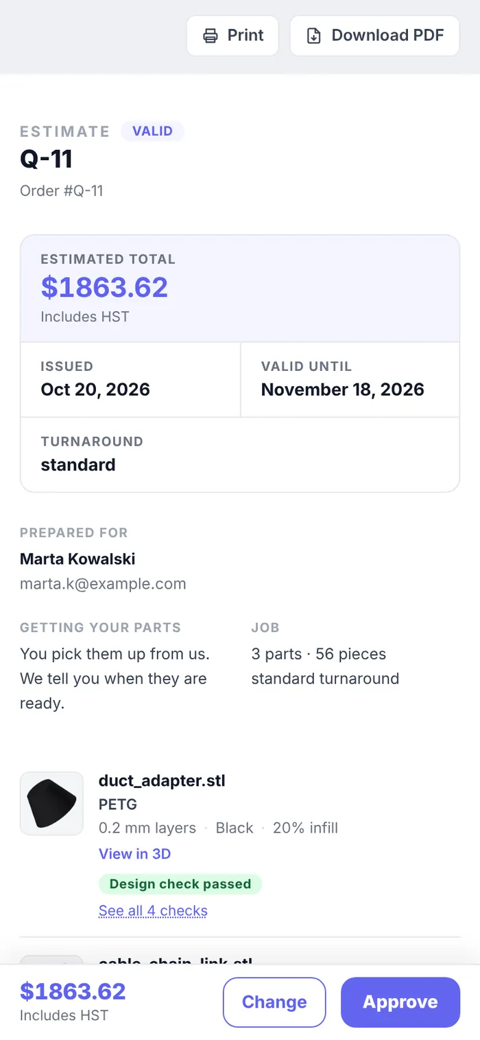 The same estimate on a phone, with the approve button within thumb reach.